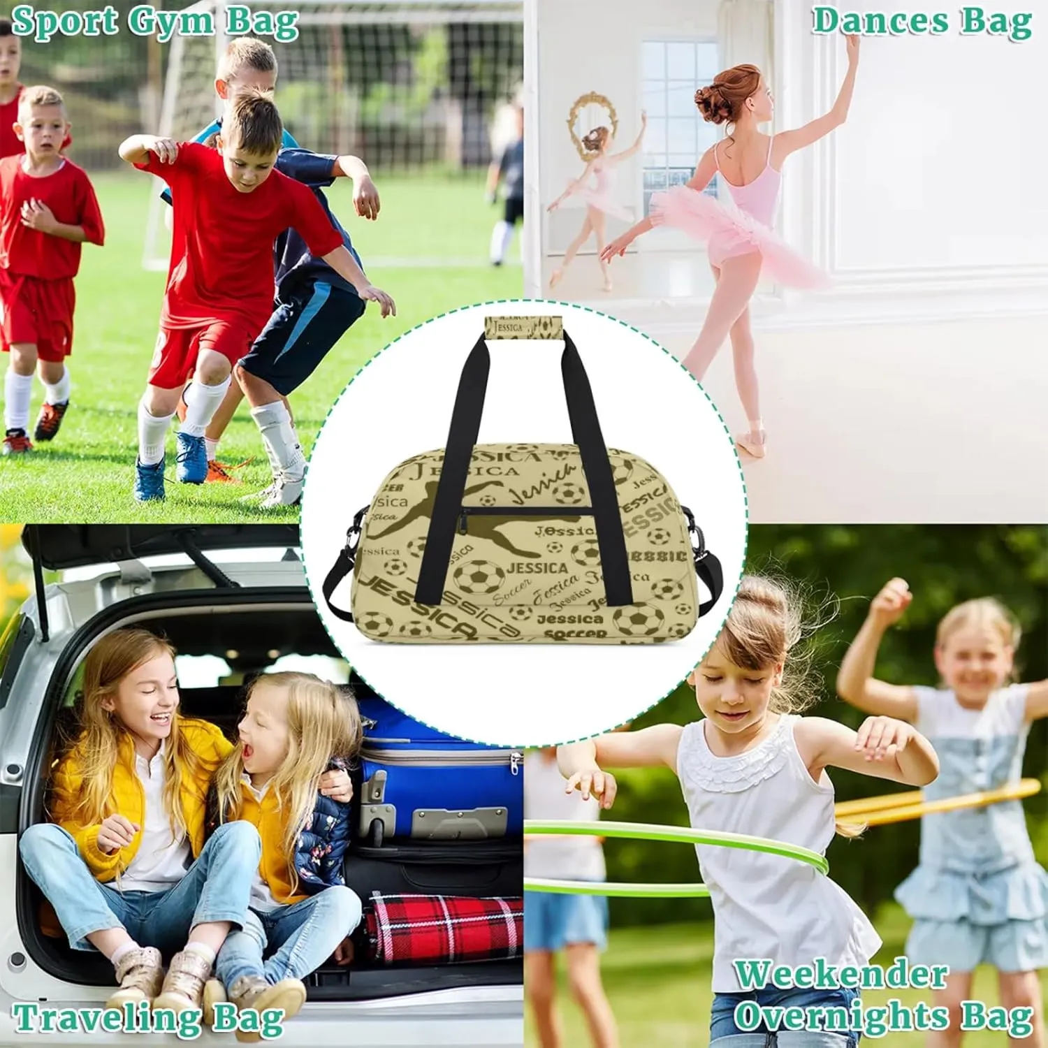 Personalized Soccer Sports Duffel Bag for Women, Custom Travel Gym Bags Birthday Gifts with Your Name, Cheer Dance Overnight Weekender Bag Brown