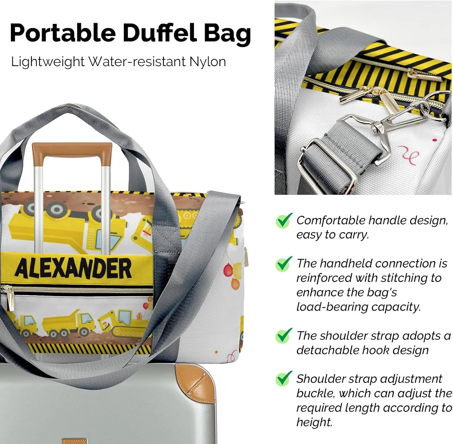Personalized Sport Dance Bag,Construction Truck Custom Duffle Bag Gym Bag Customized Travel Duffel Bag with Name or Text