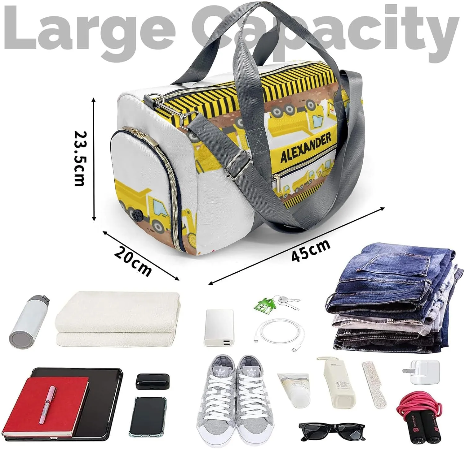 Personalized Sport Dance Bag,Construction Truck Custom Duffle Bag Gym Bag Customized Travel Duffel Bag with Name or Text