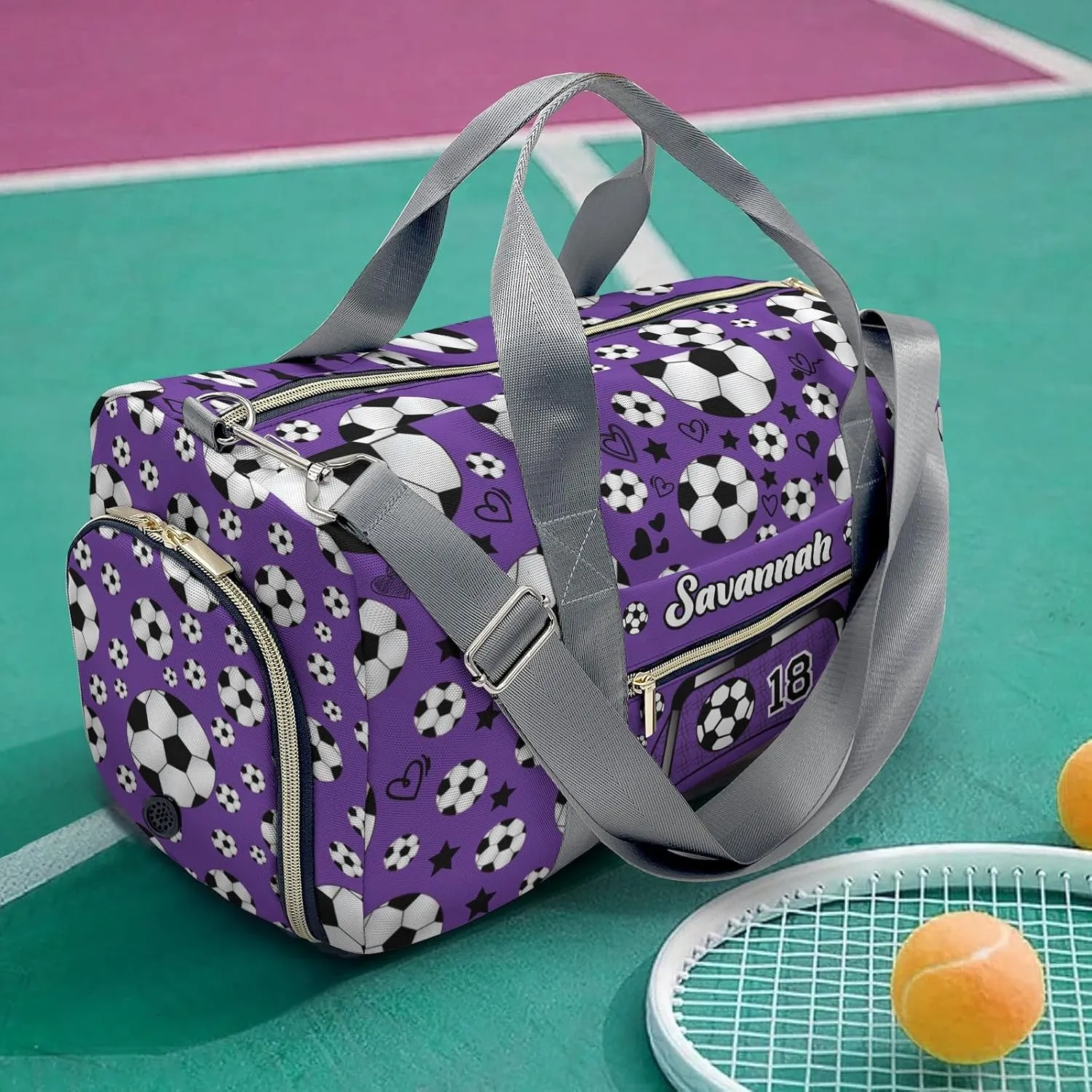 Personalized Sport Soccer Balls Team Number Purple Dance Bag Girls Yoga Bag Dance Bag With Name,Patch Travel Duffel Bag Women Cheerleader Bag Sport Duffle Bag for Gym Ballet