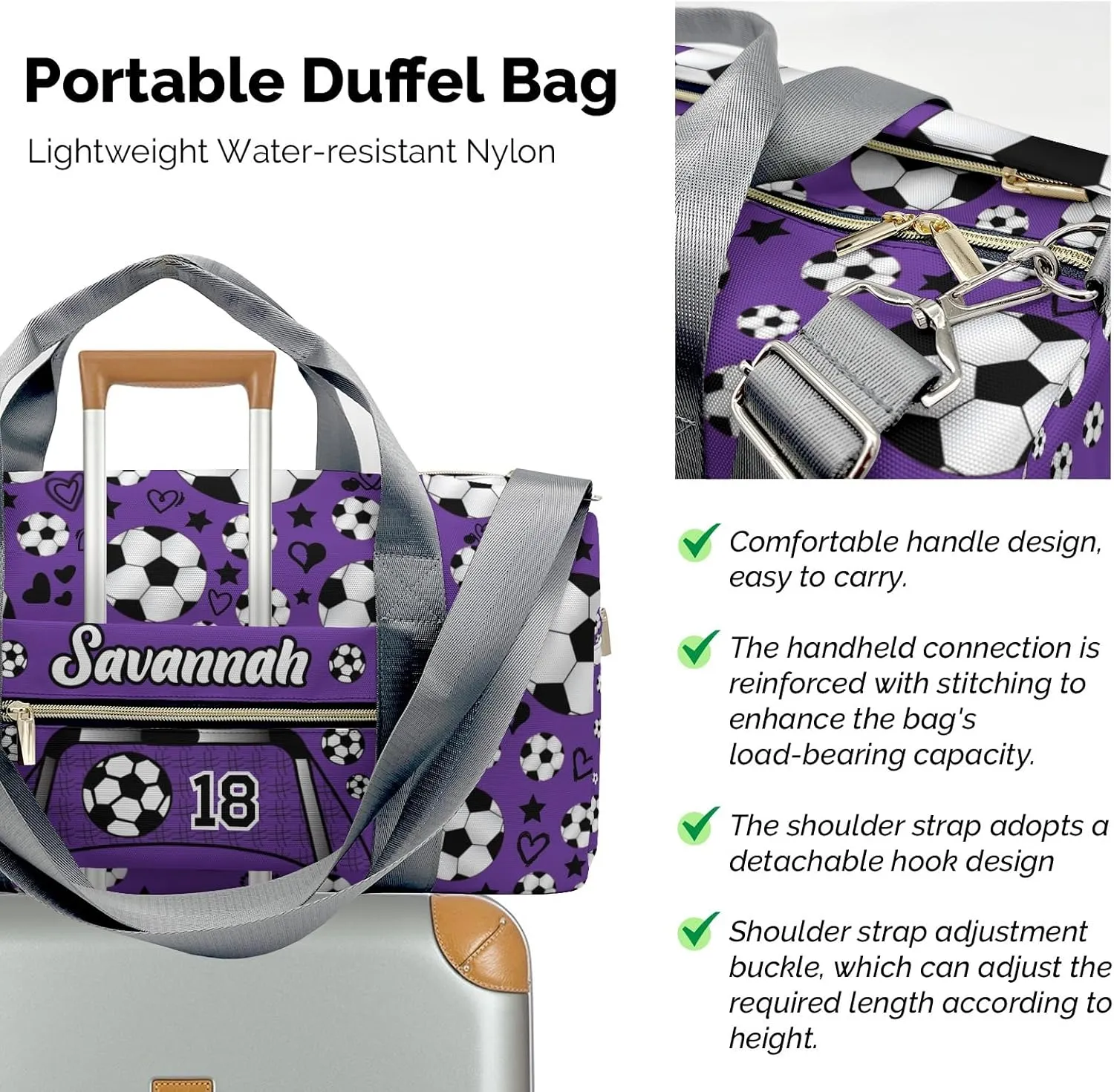 Personalized Sport Soccer Balls Team Number Purple Dance Bag Girls Yoga Bag Dance Bag With Name,Patch Travel Duffel Bag Women Cheerleader Bag Sport Duffle Bag for Gym Ballet