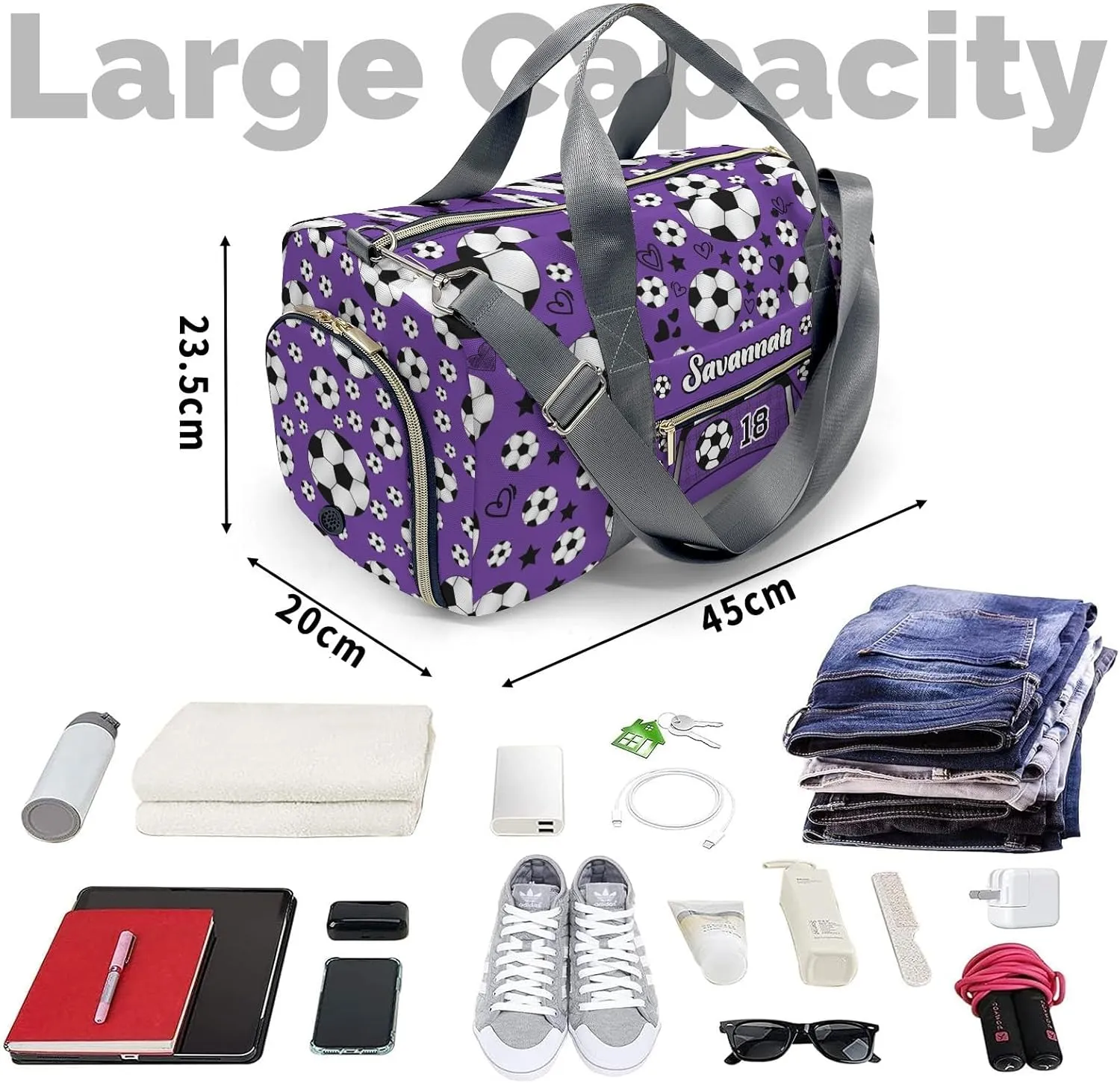 Personalized Sport Soccer Balls Team Number Purple Dance Bag Girls Yoga Bag Dance Bag With Name,Patch Travel Duffel Bag Women Cheerleader Bag Sport Duffle Bag for Gym Ballet
