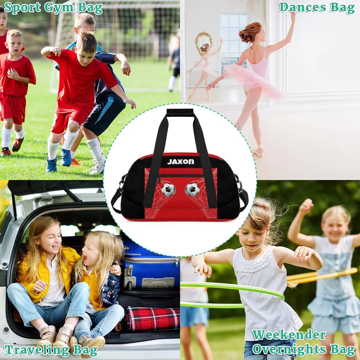 Personalized Sports Duffel Bags Name Boys, Custom Gym Weekender Overnight Sleepover Bag Waterproof Training Duffel Bag for Travel, Black Red Soccer