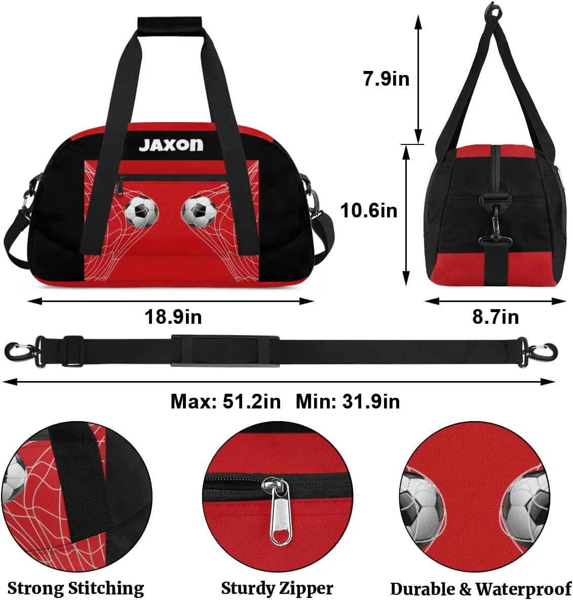 Personalized Sports Duffel Bags Name Boys, Custom Gym Weekender Overnight Sleepover Bag Waterproof Training Duffel Bag for Travel, Black Red Soccer