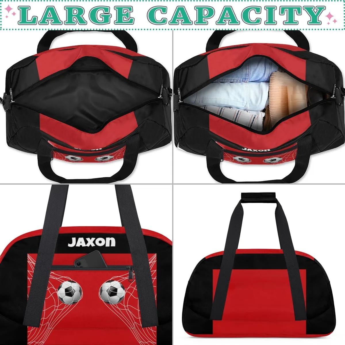 Personalized Sports Duffel Bags Name Boys, Custom Gym Weekender Overnight Sleepover Bag Waterproof Training Duffel Bag for Travel, Black Red Soccer