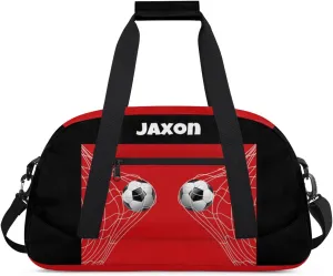 Personalized Sports Duffel Bags Name Boys, Custom Gym Weekender Overnight Sleepover Bag Waterproof Training Duffel Bag for Travel, Black Red Soccer