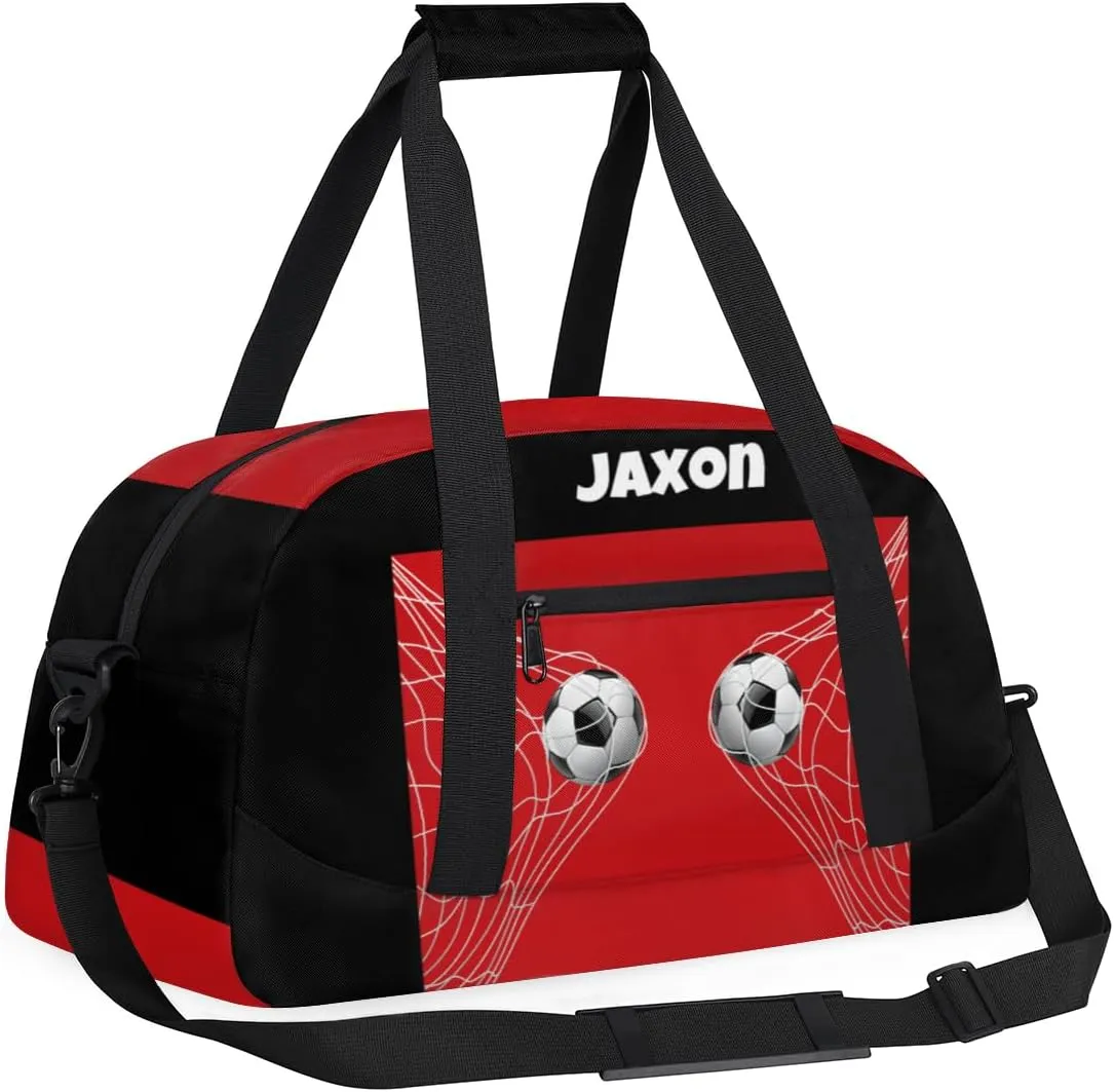 Personalized Sports Duffel Bags Name Boys, Custom Gym Weekender Overnight Sleepover Bag Waterproof Training Duffel Bag for Travel, Black Red Soccer