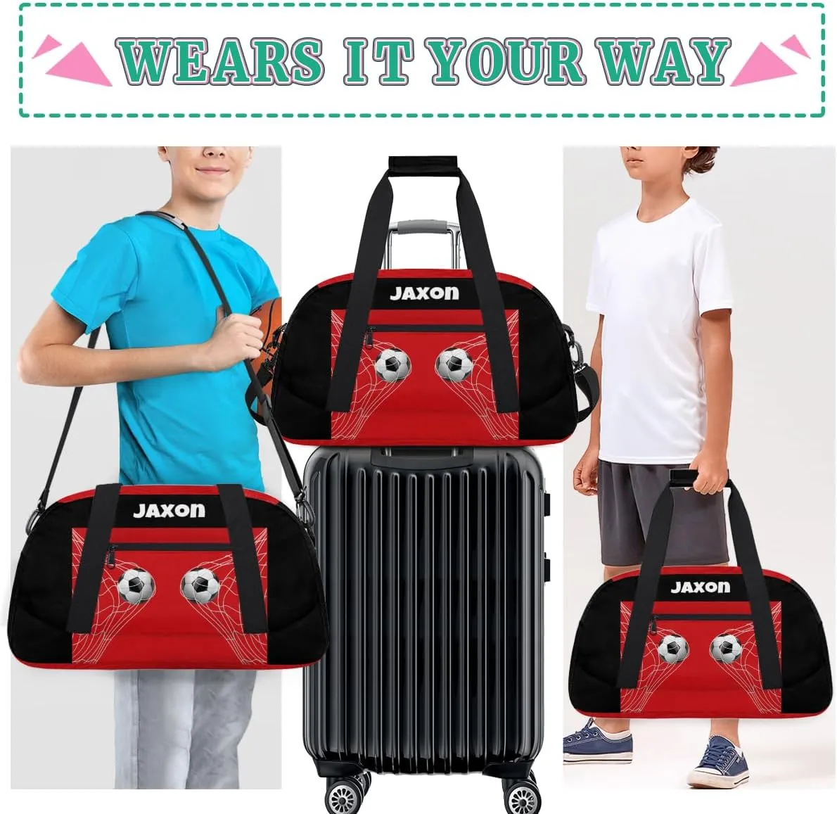 Personalized Sports Duffel Bags Name Boys, Custom Gym Weekender Overnight Sleepover Bag Waterproof Training Duffel Bag for Travel, Black Red Soccer
