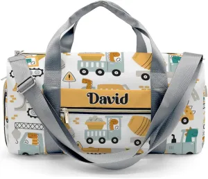 Personalized Sports Duffel Bags,Cute Work Bulldozer Truck Animals Custom Kids Duffle Bag for Boys Girls with Name,Lightweight Overnight Weekender Bag for Gymnastics Travel