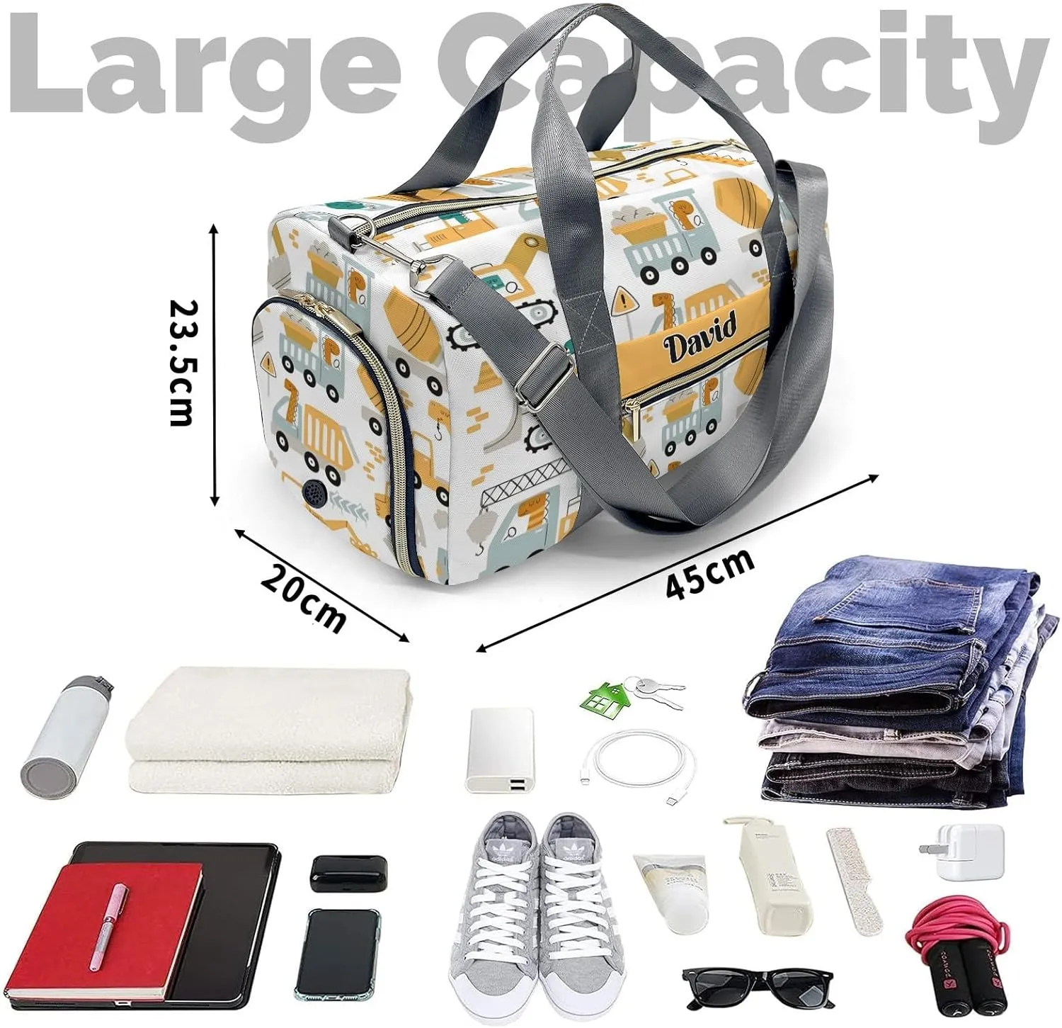 Personalized Sports Duffel Bags,Cute Work Bulldozer Truck Animals Custom Kids Duffle Bag for Boys Girls with Name,Lightweight Overnight Weekender Bag for Gymnastics Travel