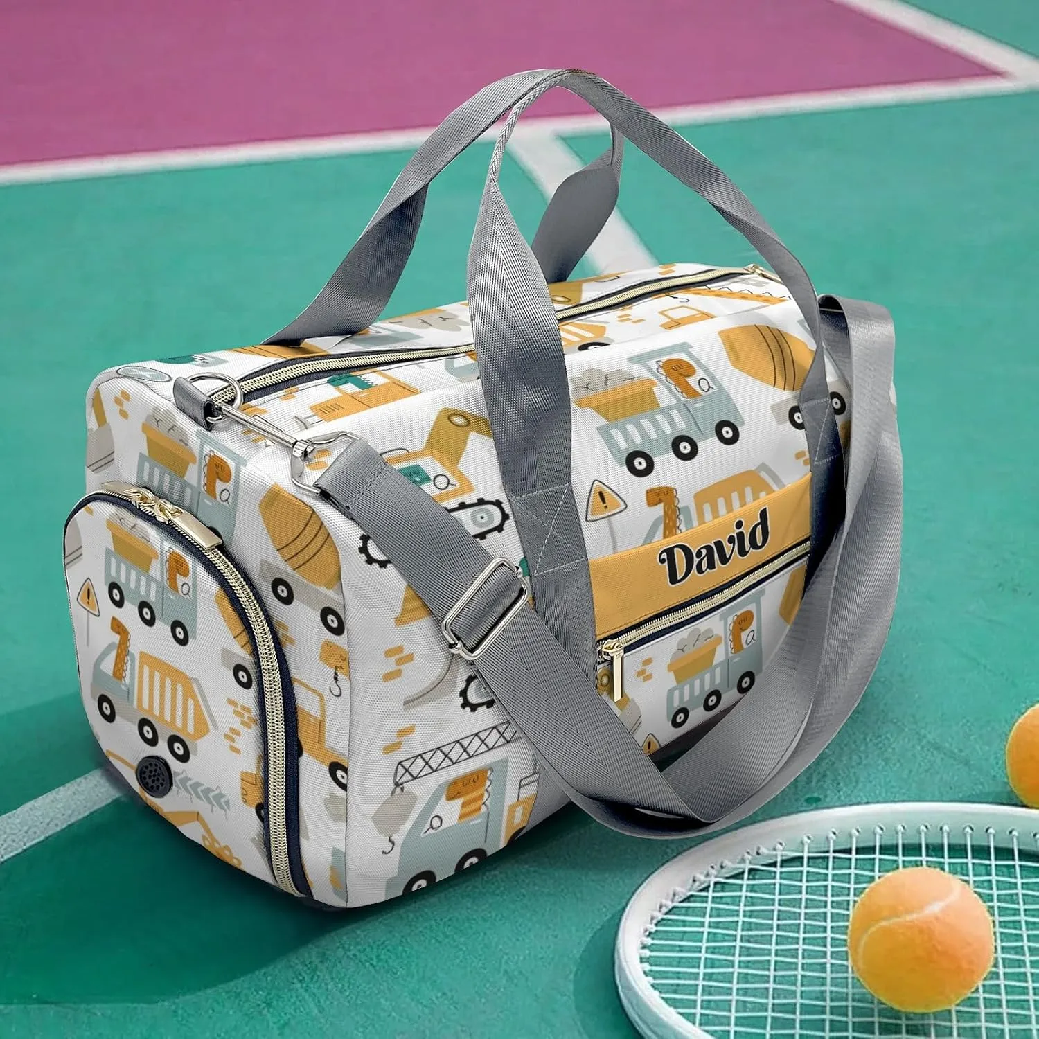 Personalized Sports Duffel Bags,Cute Work Bulldozer Truck Animals Custom Kids Duffle Bag for Boys Girls with Name,Lightweight Overnight Weekender Bag for Gymnastics Travel