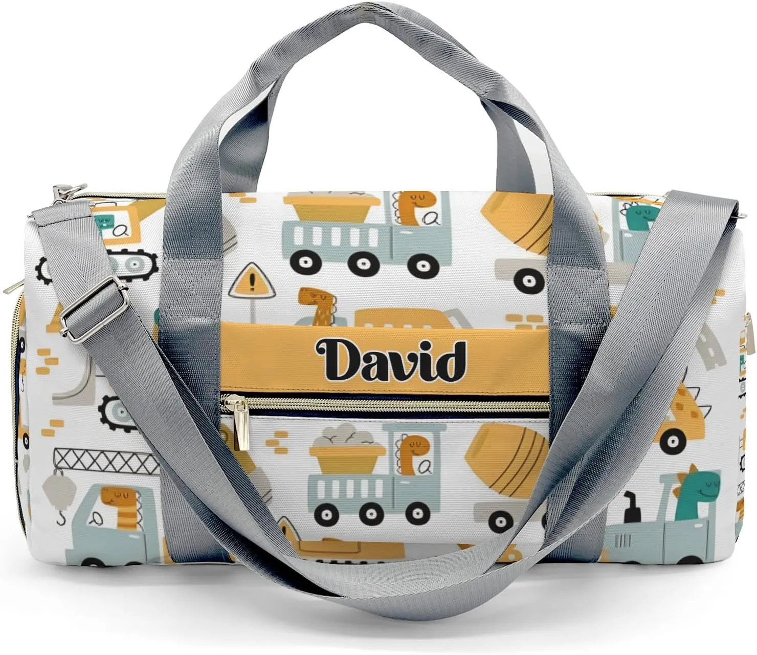 Personalized Sports Duffel Bags,Cute Work Bulldozer Truck Animals Custom Kids Duffle Bag for Boys Girls with Name,Lightweight Overnight Weekender Bag for Gymnastics Travel