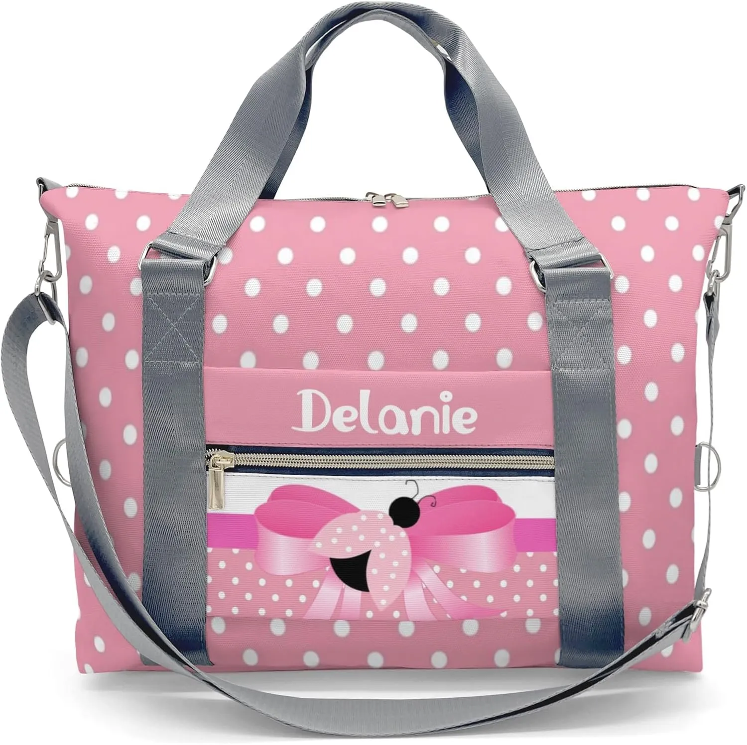 Personalized Sports Duffel Bags,Pink Dots Bow Ladybird Custom Kids Duffle Bag for Boys Girls with Name,Lightweight Overnight Weekender Bag for Gymnastics Travel