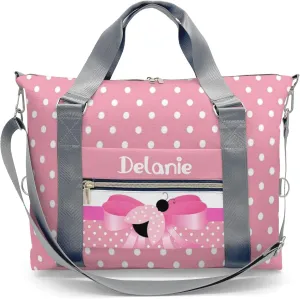 Personalized Sports Duffel Bags,Pink Dots Bow Ladybird Custom Kids Duffle Bag for Boys Girls with Name,Lightweight Overnight Weekender Bag for Gymnastics Travel