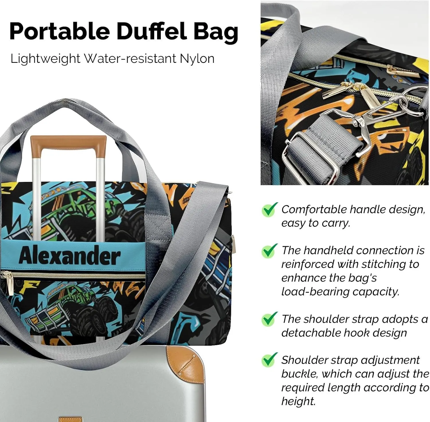 Personalized Sports Duffel Bags,Power Race Monster Truck Custom Kids Duffle Bag for Boys Girls with Name,Lightweight Overnight Weekender Bag for Gymnastics Travel