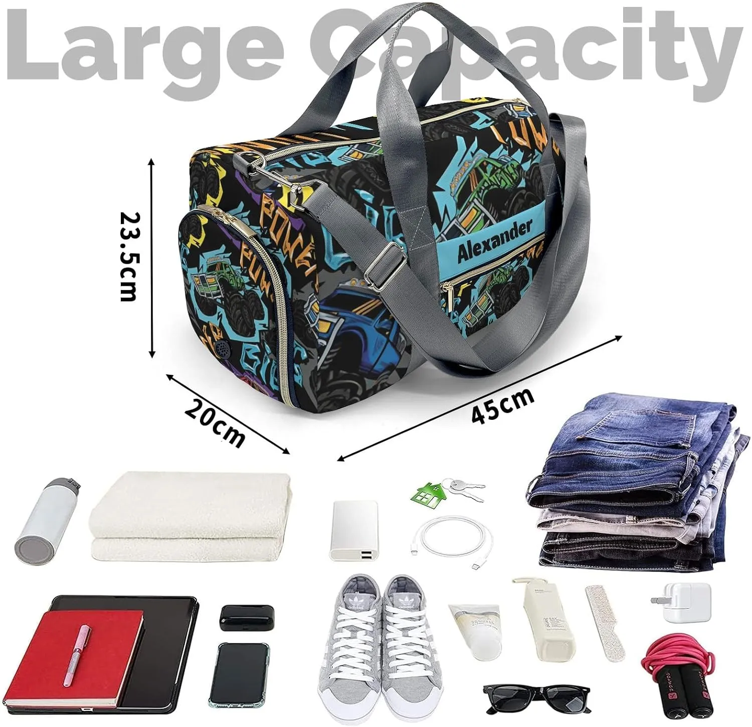 Personalized Sports Duffel Bags,Power Race Monster Truck Custom Kids Duffle Bag for Boys Girls with Name,Lightweight Overnight Weekender Bag for Gymnastics Travel