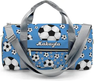 Personalized Sports Duffel Bags,Sport Soccer Balls Sky Blue Custom Kids Duffle Bag for Boys Girls with Name,Lightweight Overnight Weekender Bag for Gymnastics Travel