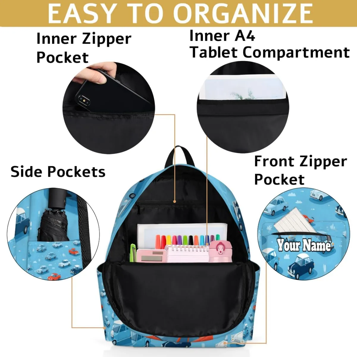 Personalized Vintage Car Preschool Toddler Backpack for Boys Girls Custom Kids Name Small Bookbags Kindergarten Elementary Backpack, Cars Print