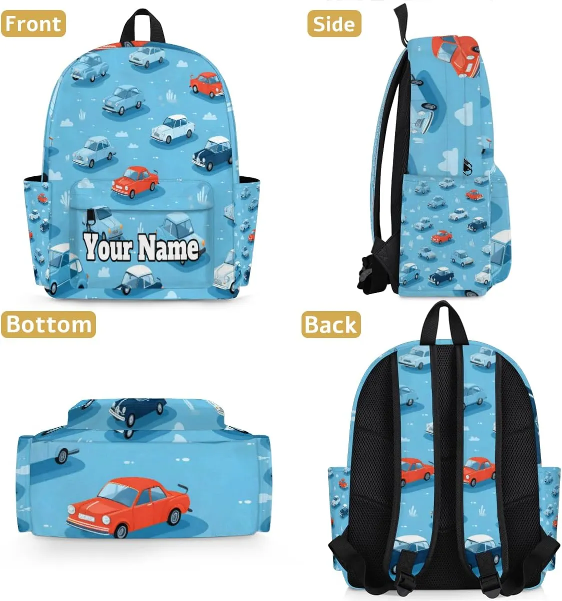 Personalized Vintage Car Preschool Toddler Backpack for Boys Girls Custom Kids Name Small Bookbags Kindergarten Elementary Backpack, Cars Print