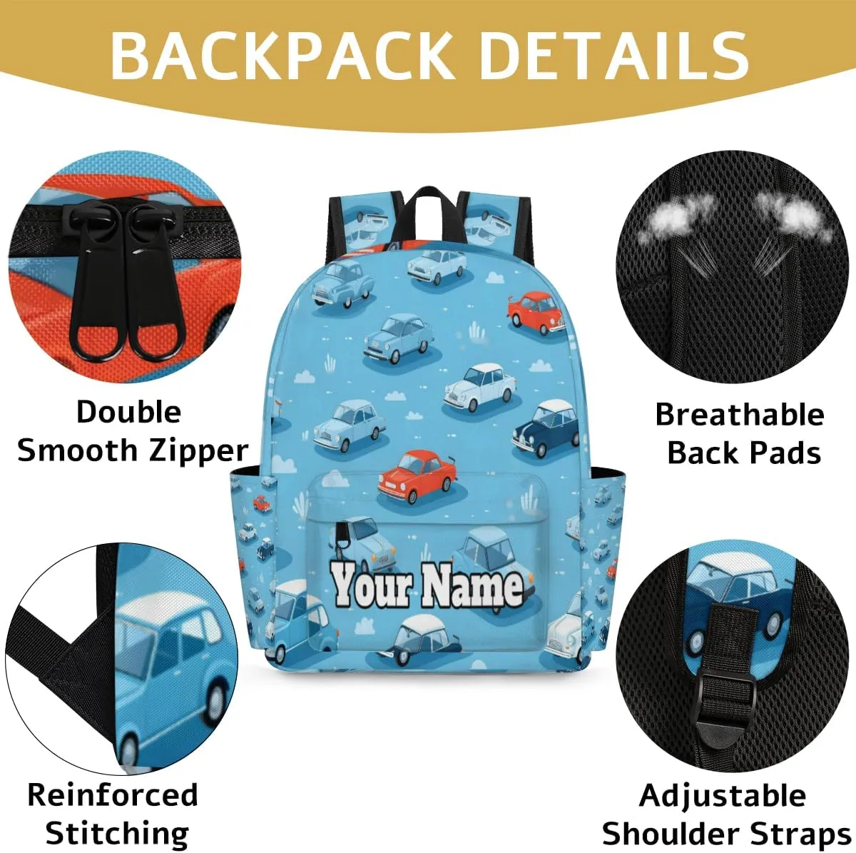 Personalized Vintage Car Preschool Toddler Backpack for Boys Girls Custom Kids Name Small Bookbags Kindergarten Elementary Backpack, Cars Print
