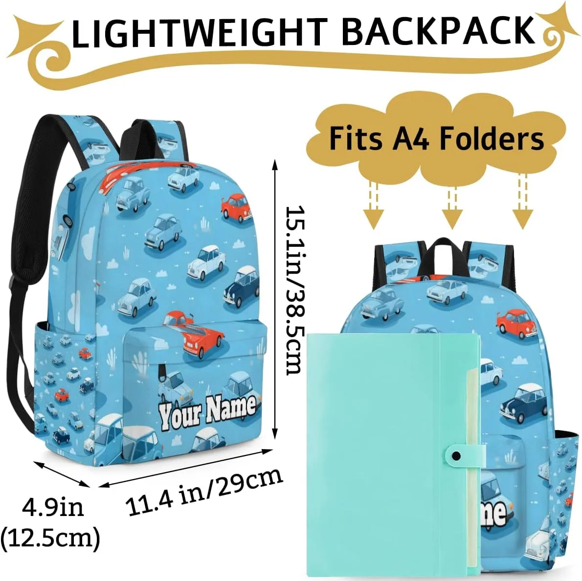 Personalized Vintage Car Preschool Toddler Backpack for Boys Girls Custom Kids Name Small Bookbags Kindergarten Elementary Backpack, Cars Print