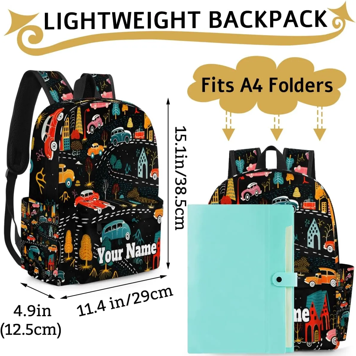 Personalized Vintage Cars Preschool Toddler Backpack for Boys Girls Custom Kids Name Small Bookbags Kindergarten Elementary Backpack, Cars