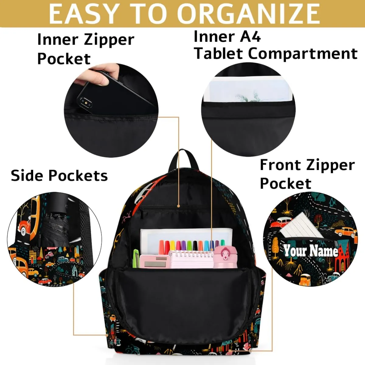 Personalized Vintage Cars Preschool Toddler Backpack for Boys Girls Custom Kids Name Small Bookbags Kindergarten Elementary Backpack, Cars