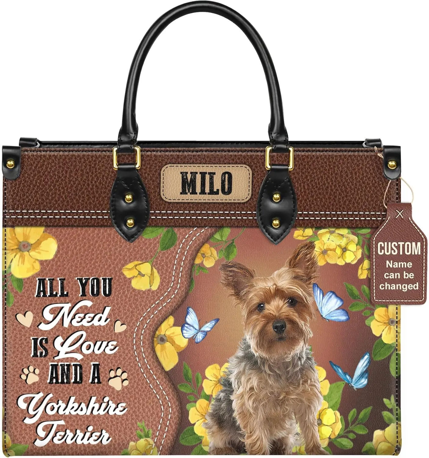 Personalized Yorkshire Terrier Dog Handbags, Custom Name Dog Leather Bags, Purses, Shoulder Bag, Gift For Dog Mom Dog Lover
