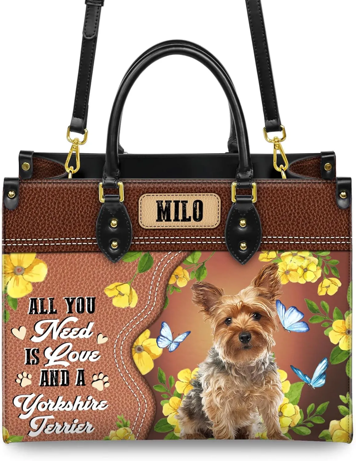 Personalized Yorkshire Terrier Dog Handbags, Custom Name Dog Leather Bags, Purses, Shoulder Bag, Gift For Dog Mom Dog Lover