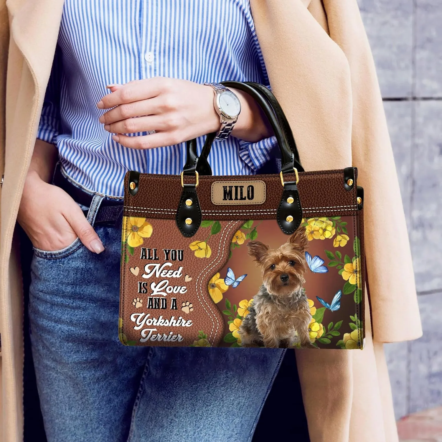 Personalized Yorkshire Terrier Dog Handbags, Custom Name Dog Leather Bags, Purses, Shoulder Bag, Gift For Dog Mom Dog Lover