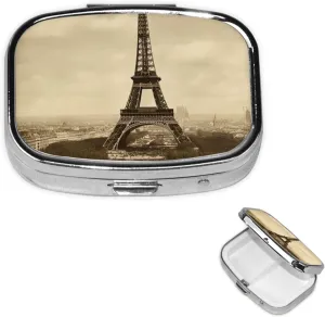 Pill Case with Mirror Retro 2 Compartment Pill Box Vintage Paris Eiffel Tower Small Pill Organizer for Purse or Pocket Decorative Metal Medicine Vitamin Organizer Unique Gifts