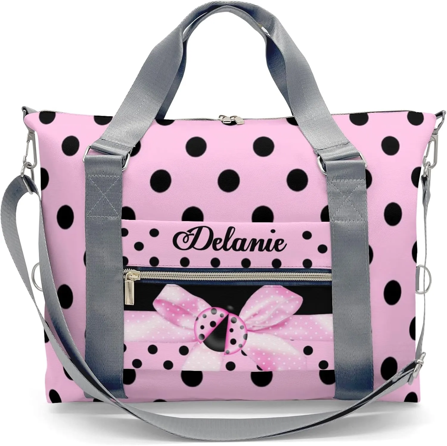 Pink Bow Ladybird Point Personalized Gym Dance Bag for Girls Boys,Custom Name Sport Duffel Bag Weekender Bags Carry On Travel Duffel Bag