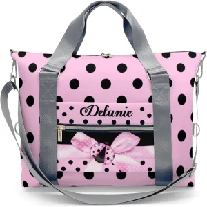 Pink Bow Ladybird Point Personalized Gym Dance Bag for Girls Boys,Custom Name Sport Duffel Bag Weekender Bags Carry On Travel Duffel Bag