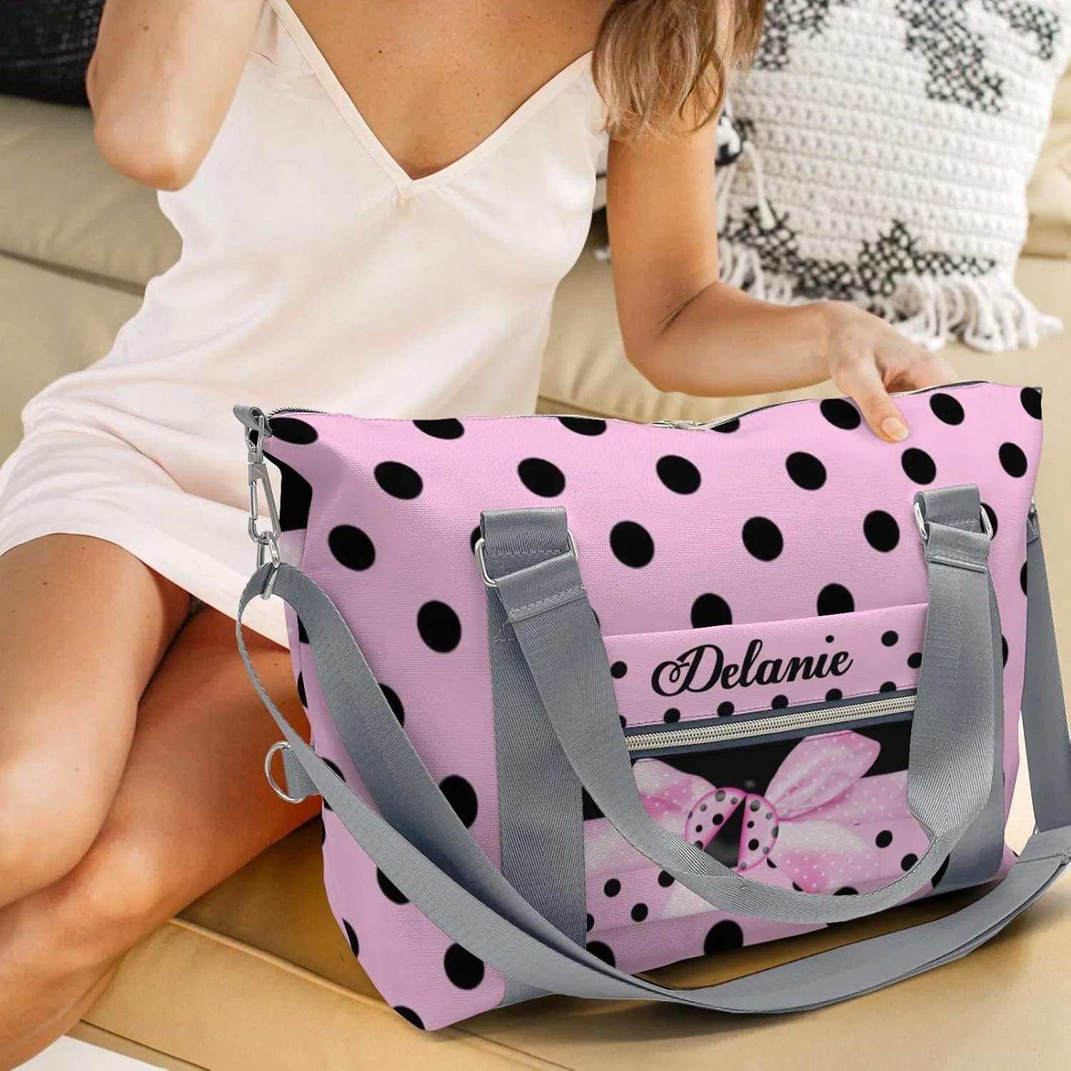 Pink Bow Ladybird Point Personalized Gym Dance Bag for Girls Boys,Custom Name Sport Duffel Bag Weekender Bags Carry On Travel Duffel Bag