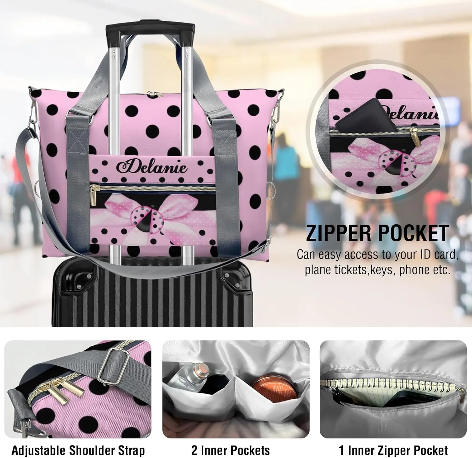 Pink Bow Ladybird Point Personalized Gym Dance Bag for Girls Boys,Custom Name Sport Duffel Bag Weekender Bags Carry On Travel Duffel Bag