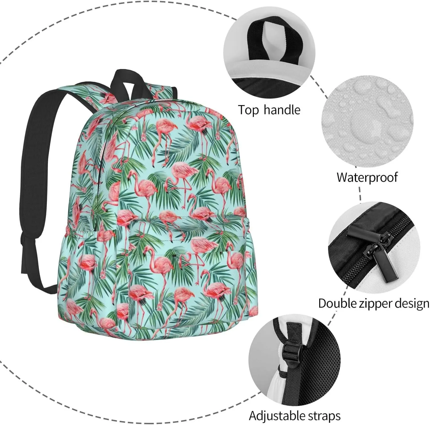 Pink Flamingo Watercolor Palm Leaves Tropics Laptop Backpack Shoulder Bag Laptop Pack Travel Backpacks Commuter Back Pack Casual Daypack Bags With Side Pockets