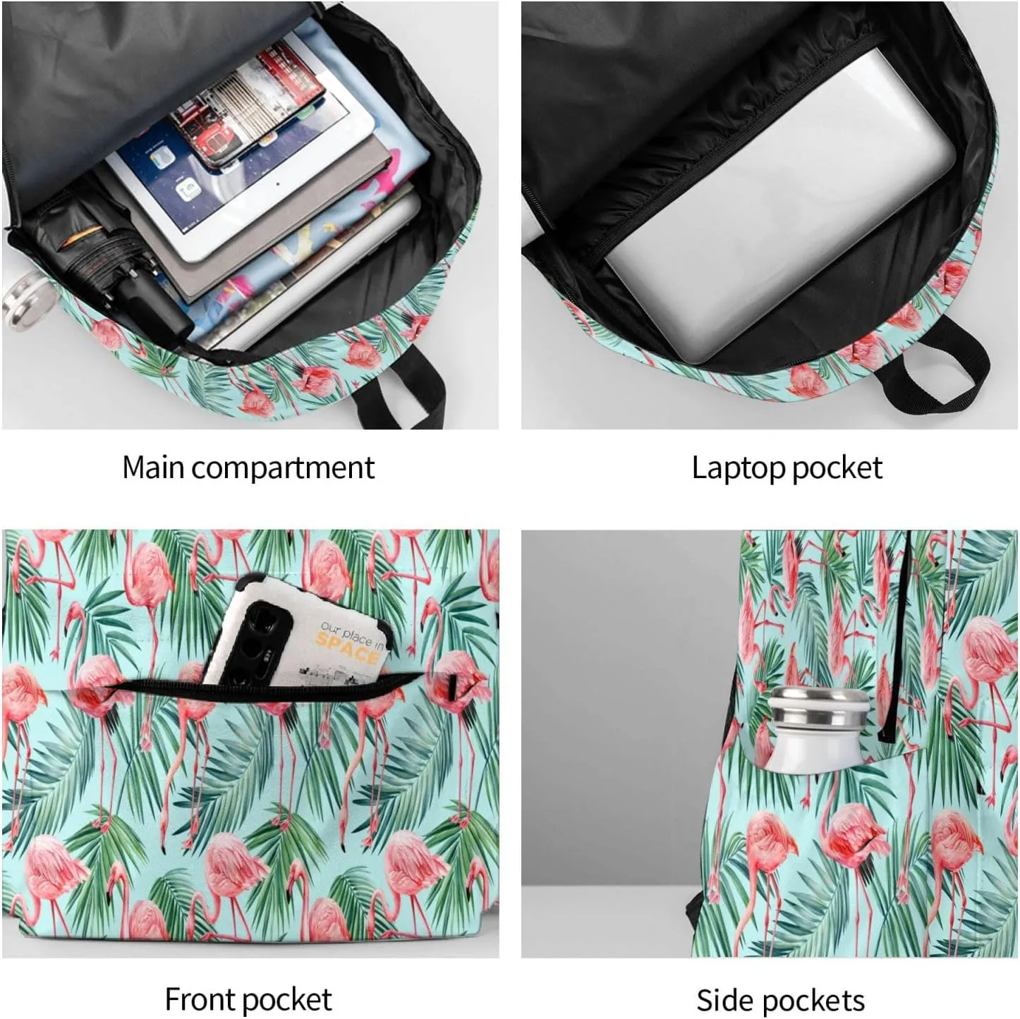 Pink Flamingo Watercolor Palm Leaves Tropics Laptop Backpack Shoulder Bag Laptop Pack Travel Backpacks Commuter Back Pack Casual Daypack Bags With Side Pockets