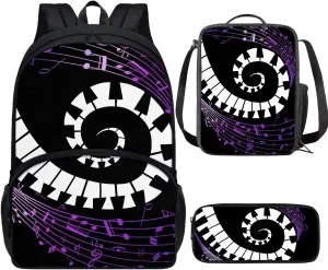 PinUp Angel Black Purple Musical Notation Print Cute Patterned Backpack With Pencil Bag and Lunch Bag for Boys Girls, Kids Backpacks for Elementary School with Adjustable Padded Straps
