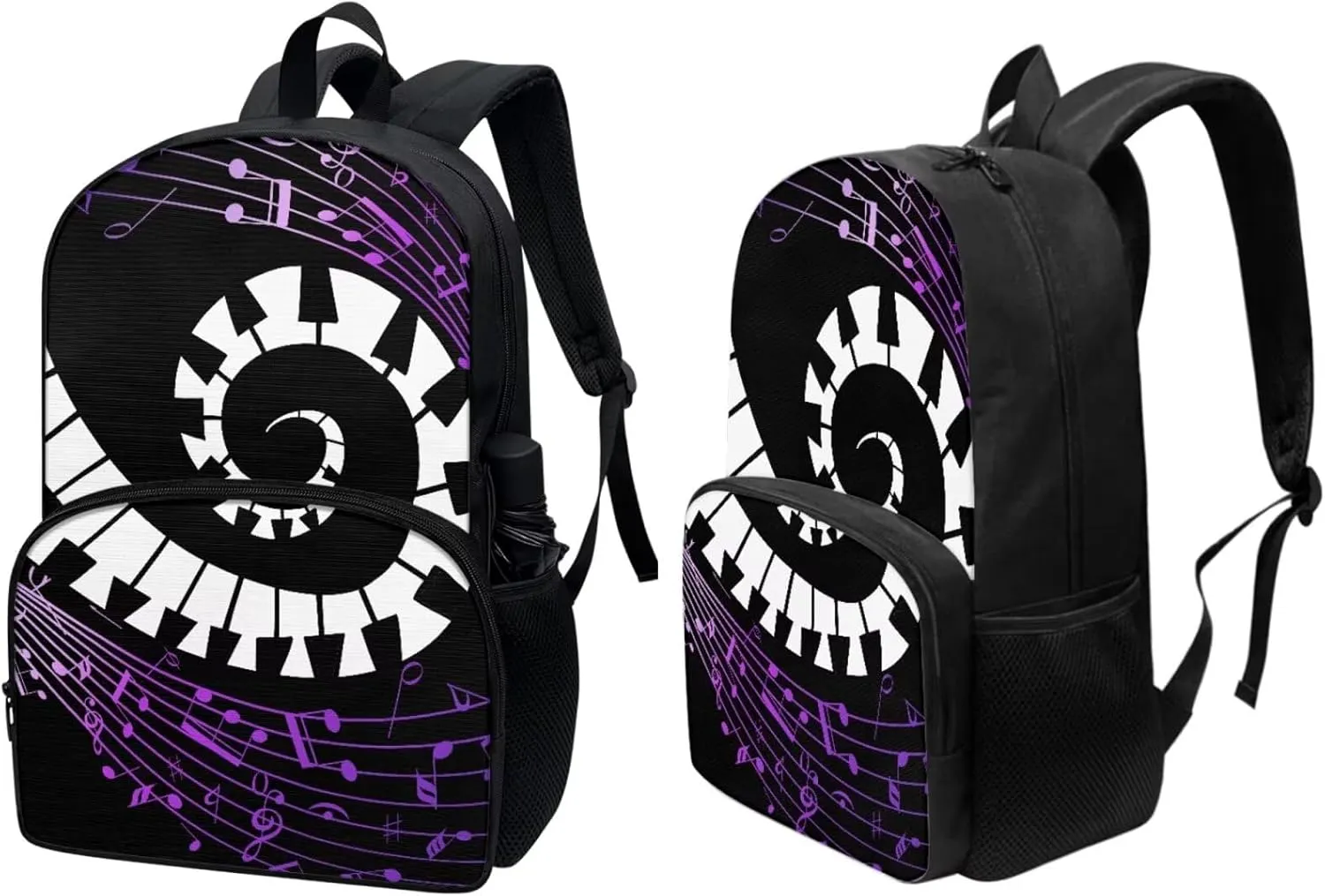 PinUp Angel Black Purple Musical Notation Print Cute Patterned Backpack With Pencil Bag and Lunch Bag for Boys Girls, Kids Backpacks for Elementary School with Adjustable Padded Straps