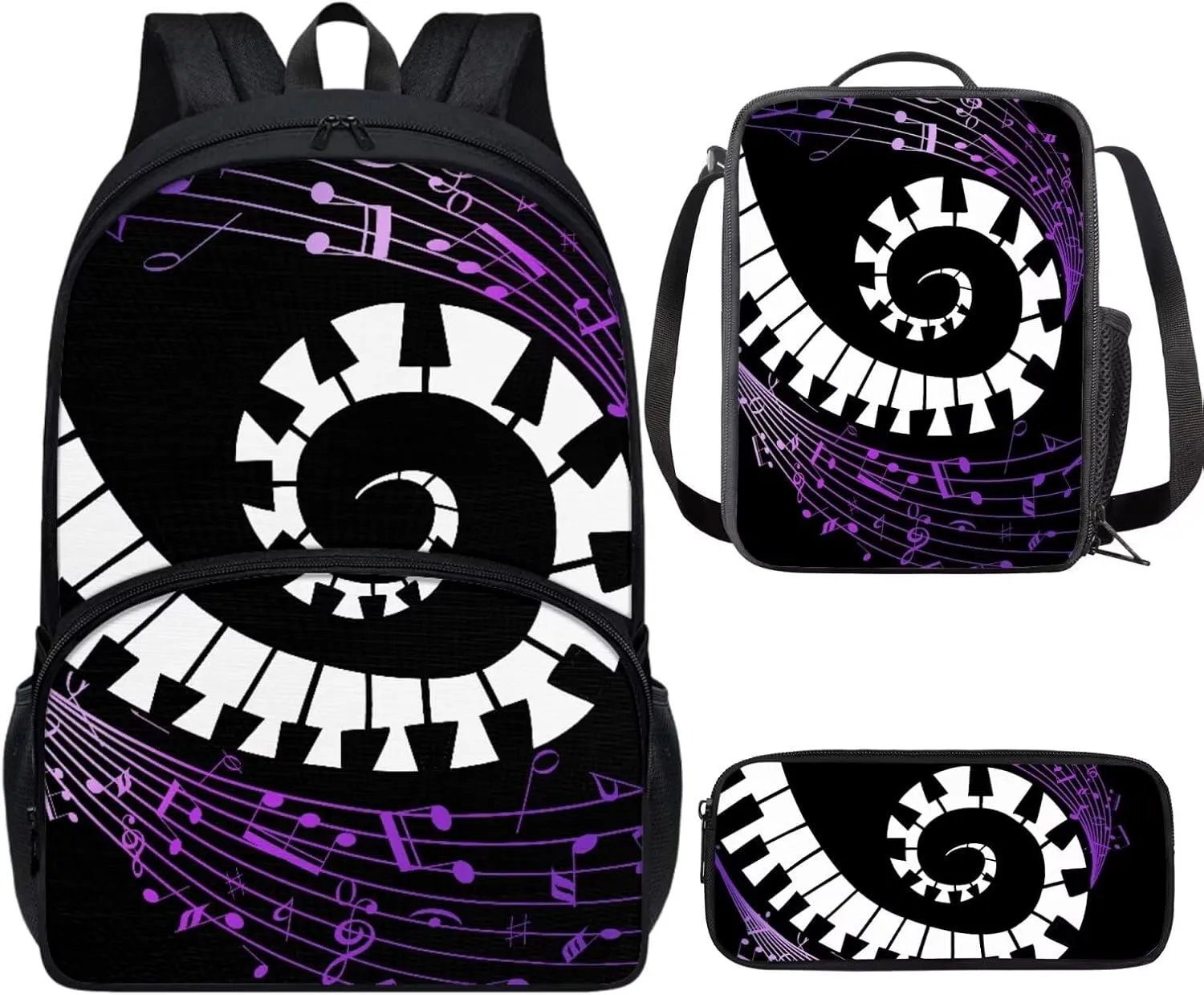 PinUp Angel Black Purple Musical Notation Print Cute Patterned Backpack With Pencil Bag and Lunch Bag for Boys Girls, Kids Backpacks for Elementary School with Adjustable Padded Straps