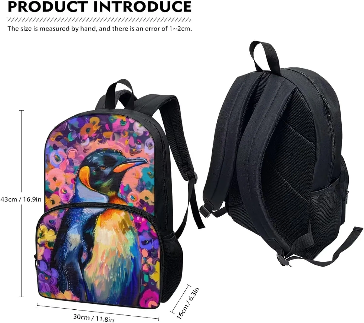 PinUp Angel Emperor Penguin Print Kids Art Oil Painting Animal Patterned Backpack for Elementary Primary Middle School Bags for Teens Children Cute Book Bags Gifts