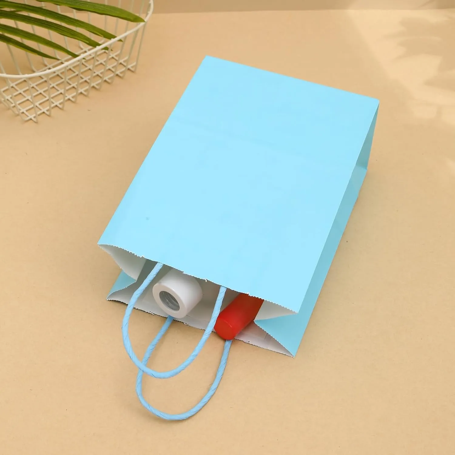 piqiya Small Plain Natural Paper Kraft Gift Bags with Handles Light Blue Paper Bags for Eid Birthday Party Grocery Retail Business Goody Craft Bag (Blue，24pcs)
