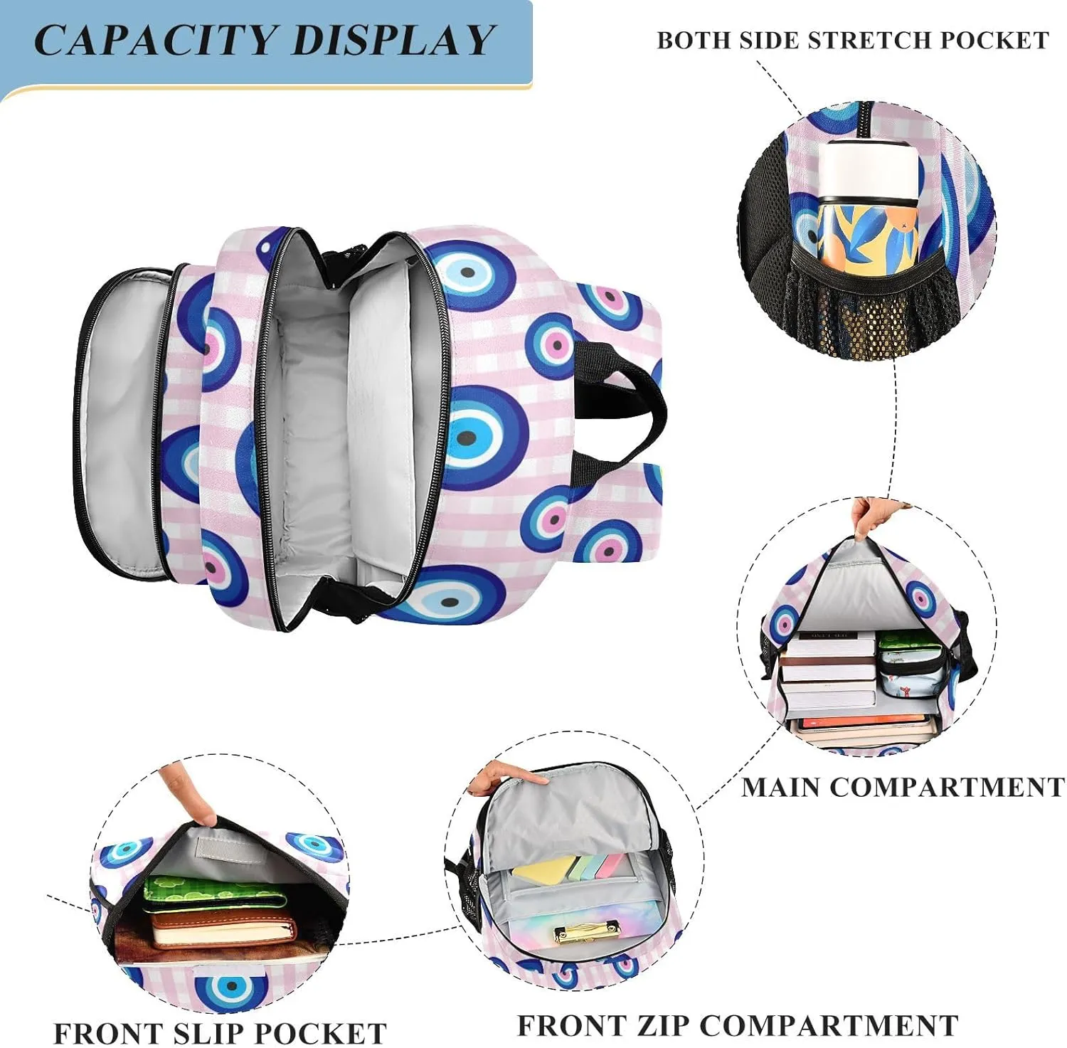 Plaaee Personalized Backpack Evil Eye Turkish Custom Backpacks for School Back to School Gifts, Schoolbag for Boys Girls Kids