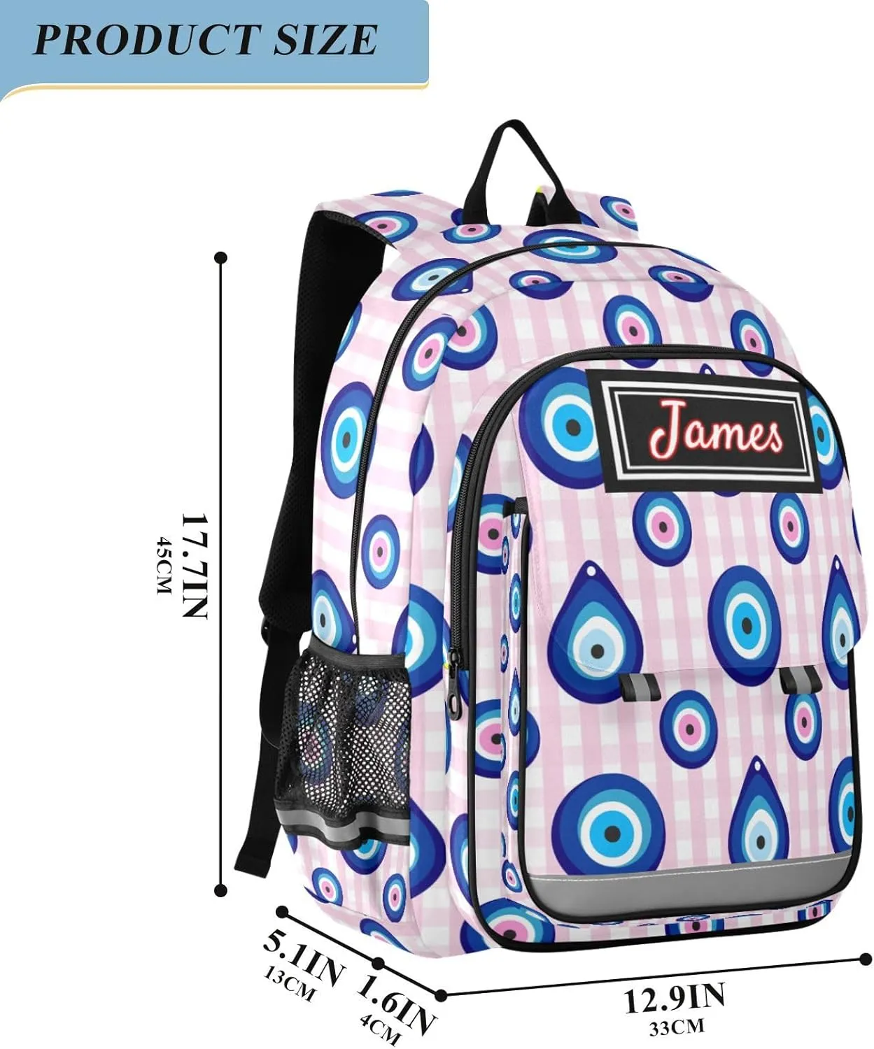 Plaaee Personalized Backpack Evil Eye Turkish Custom Backpacks for School Back to School Gifts, Schoolbag for Boys Girls Kids