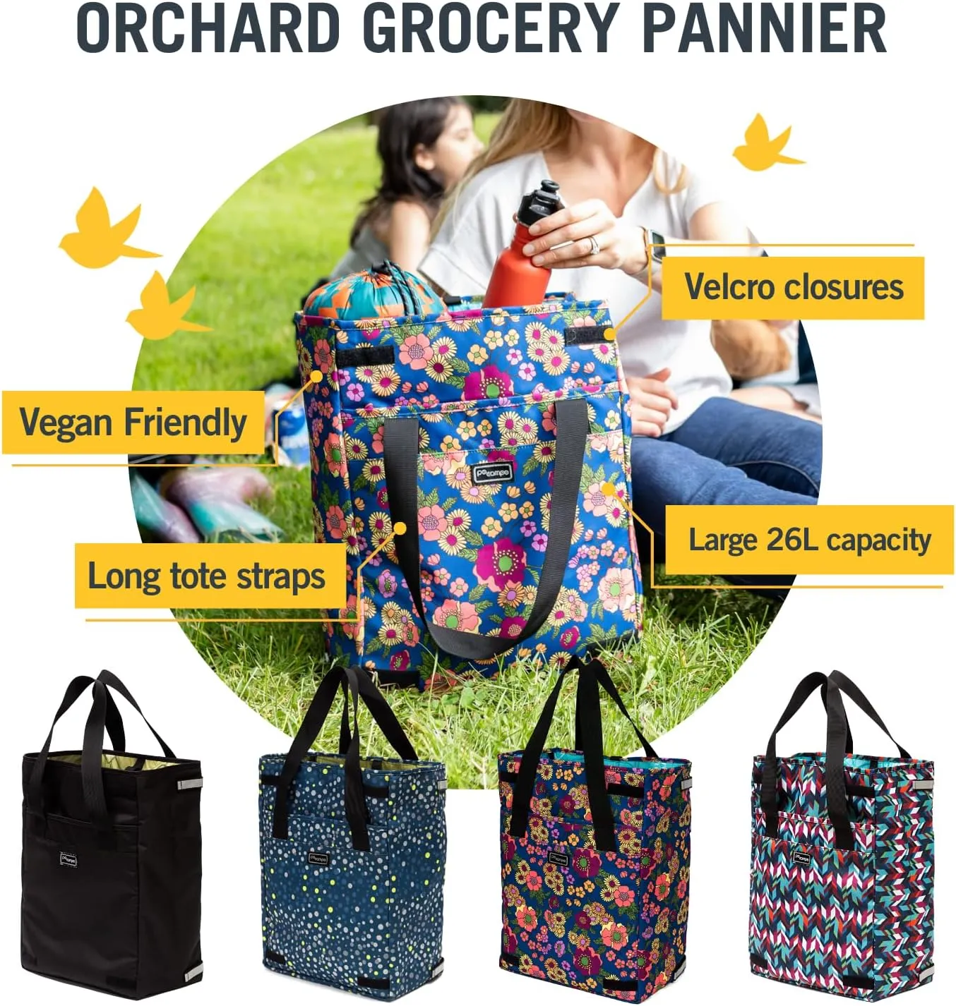 Po Campo Bags Bike Accessories – Orchard Grocery Pannier – Rear Rack Bicycle Storage Bag – Waterproof, Large Bicycle Pannier for Shopping, Urban Commuting, Travel (Black Ripstop)