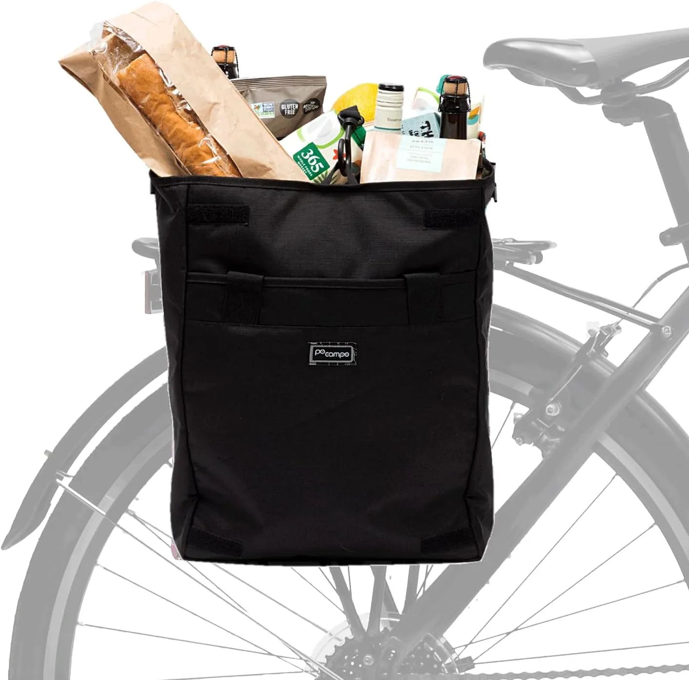 Po Campo Bags Bike Accessories – Orchard Grocery Pannier – Rear Rack Bicycle Storage Bag – Waterproof, Large Bicycle Pannier for Shopping, Urban Commuting, Travel (Black Ripstop)
