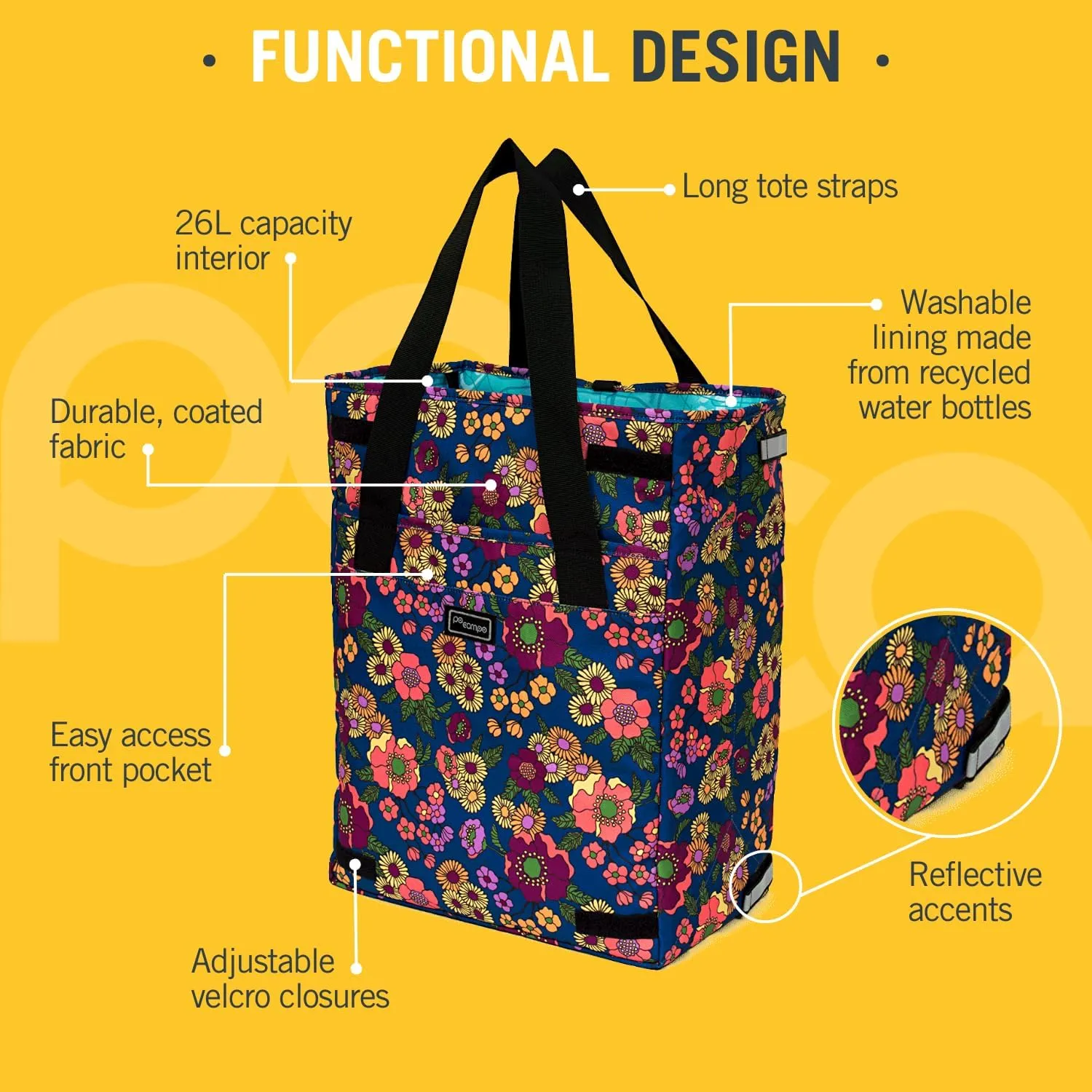 Po Campo Bags Bike Accessories – Orchard Grocery Pannier – Rear Rack Bicycle Storage Bag – Waterproof, Large Bicycle Pannier for Shopping, Urban Commuting, Travel (Black Ripstop)