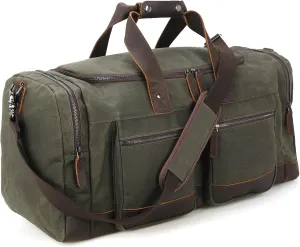 Polare 23” Waxed Canvas Cowhide Leather Waterproof Travel Duffel Bag Trim Luggage Weekender Overnight Carry on Hand Bag