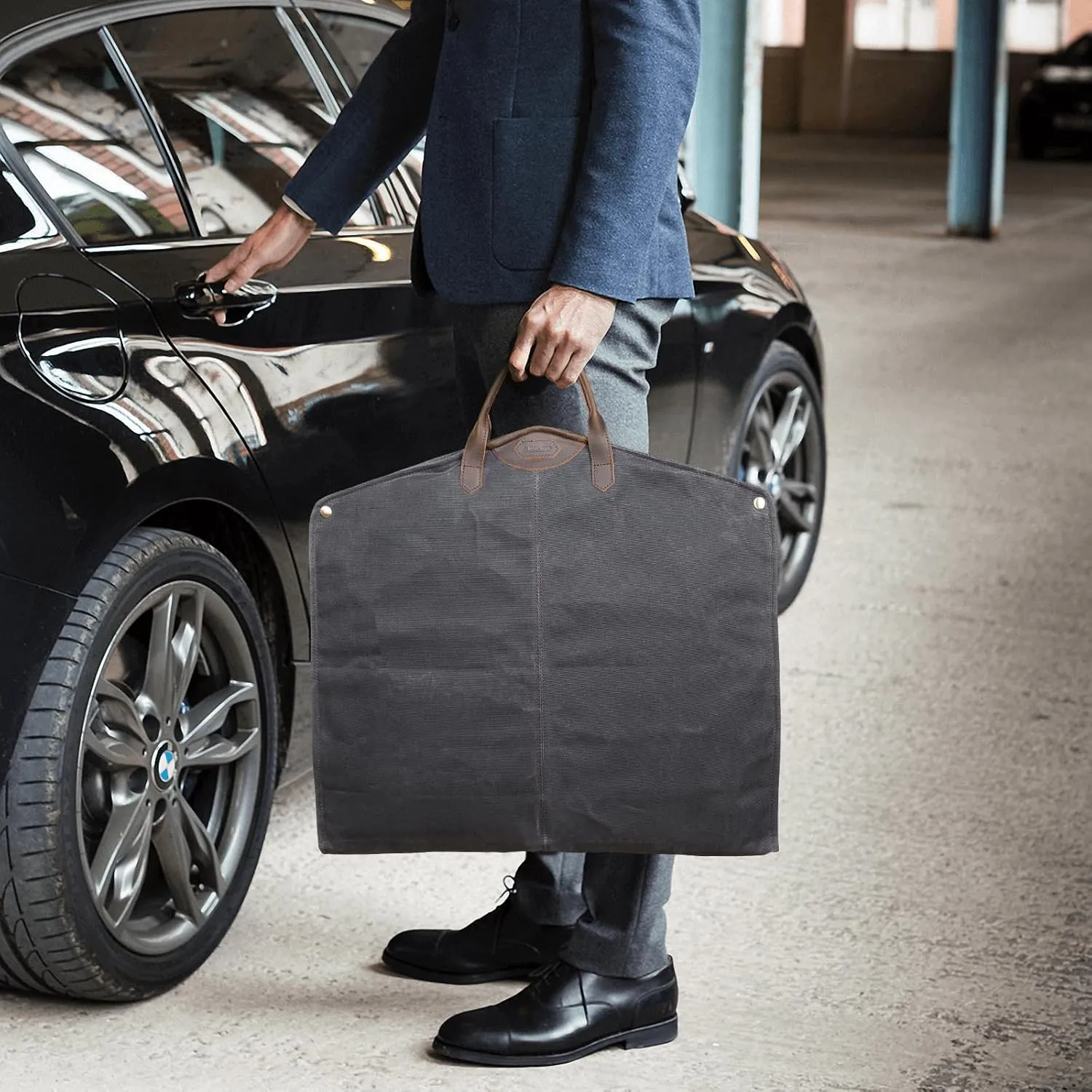 Polare 43” Waxed Canvas Full Grain Leather Trim Garment Bag for Travel, Large Carry on Business Suitcase Cover with YKK Zipper, Waterproof Hanging Suit Garment Cover with Handles,1 pack