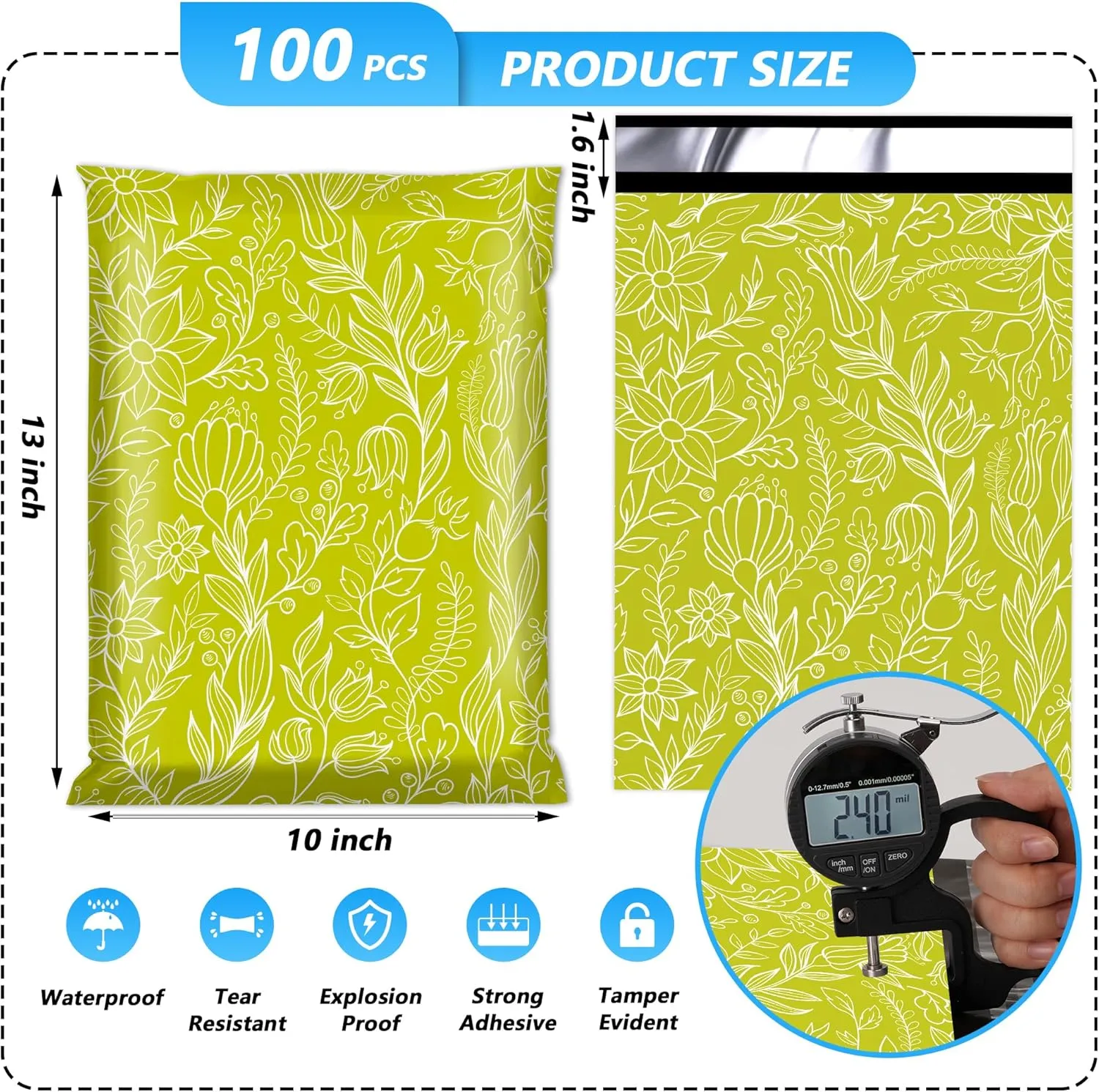 Poly Mailer 10x13 Inch 100 Pcs, Waterproof and Tear-Resistant Shipping Bags for Clothing, Strong Mailing Bags with Self-Seal, Cute Packaging Bags for Small Business - Flower
